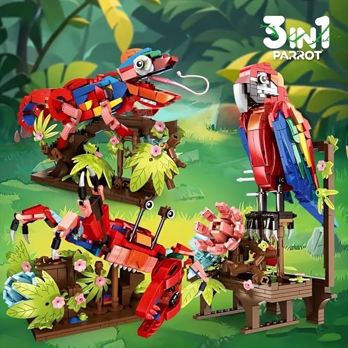 Animal Flowers Building Set for Kids 6+, 3 in 1 Transforms to 3 Different Animal Figures - from Colorful Parrot, to Lifelike Chameleon, to Cute Crab- Perfect for Home Decor & Creative Gifts(538 PCS)