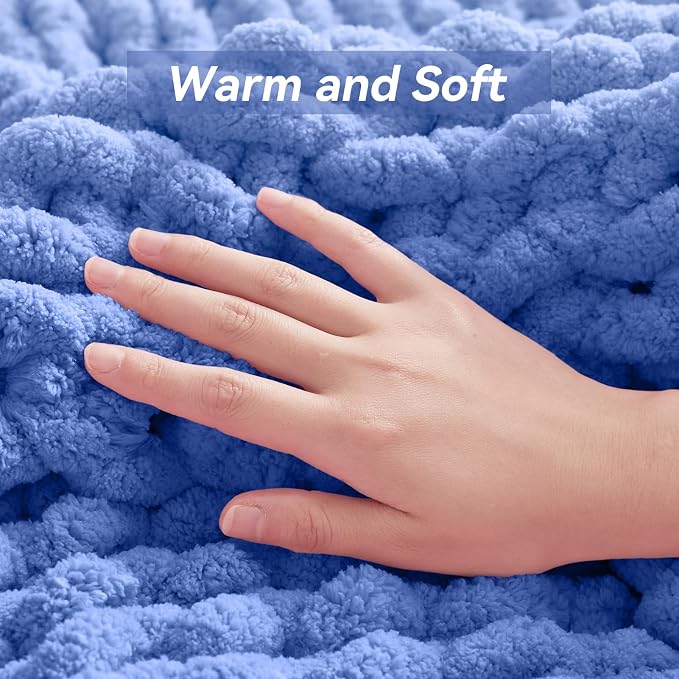 Negwoo Chunky Knit Throw Blanket, Knitted Throw Chenille Yarn, 50"*60" | Soft Thick Cable Knitted Blankets, Handmade Big Thick Blanket, Machine Washable Cute Comfy Blanket for Home Decor, Light blue