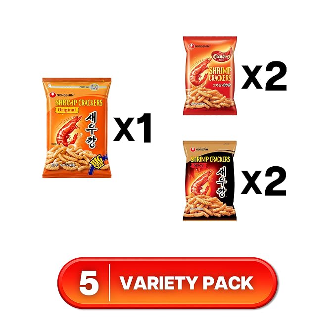 Nongshim Shrimp Chips 3-Flavor, Crispy Korean Snack Variety, 5 Count