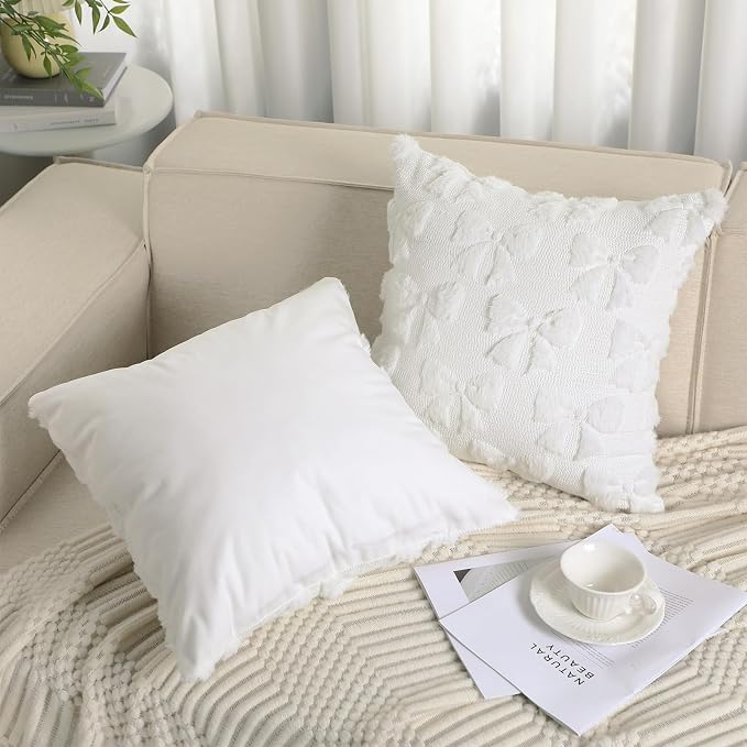 Mixweer Cream White Bow Pillow Covers Set of 2 Preppy Room Decor Coquette Cute Spring Summer Decorative Faux Fur Soft Bowknot Stuff Fluffy Plush Aesthetic Pillowcase for Bed Sofa Couch (18 x 18 Inch)