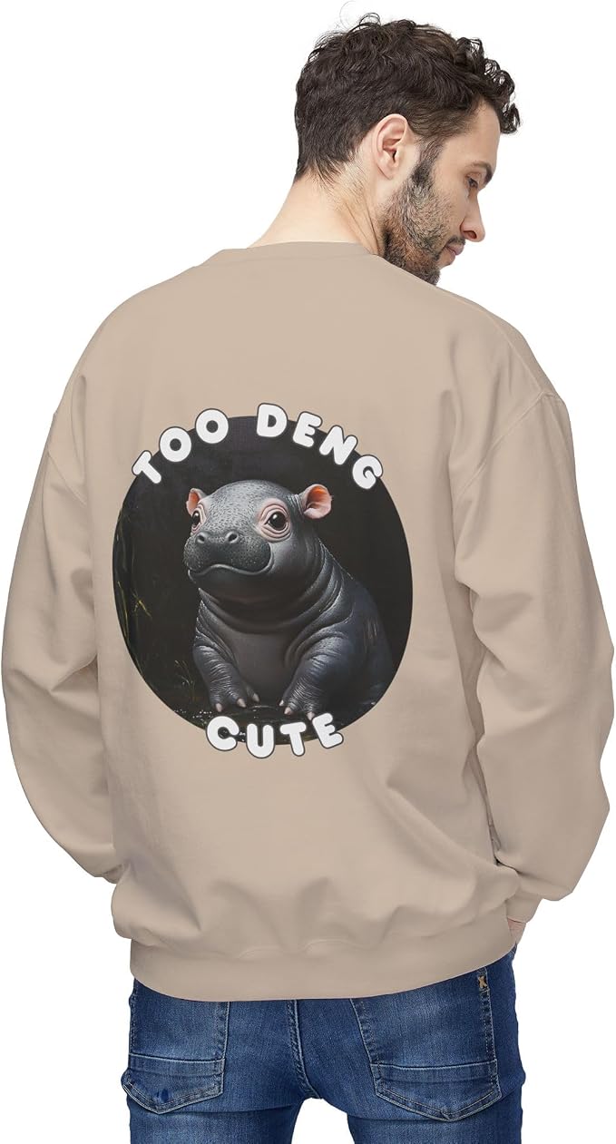 Unisex Fleece Crewneck Sweatshirt - Too Deng Cute Moo Deng Hippo, Cozy Cotton Blend, Classic Relaxed Fit