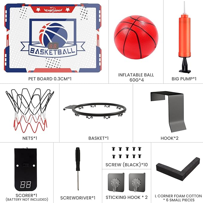 EagleStone Mini Indoor Basketball Hoop with Scoreboard,4 Balls & Pump,Over The Door Bedroom Office Basketball Hoop for 6 7 8 9 10 11 12+ Year Old Kids Boys