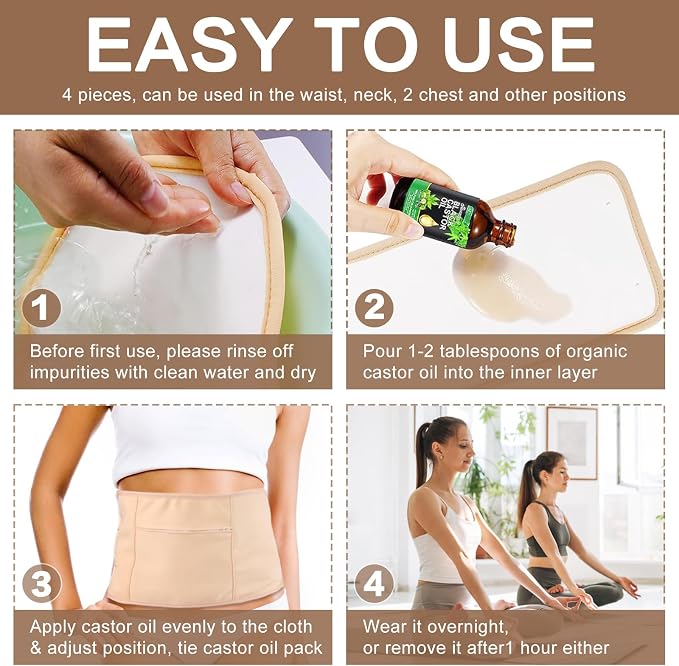 5 Pcs Castor Oil Pack Wrap, Castor Oil Organic Cold Pressed Unrefined Glass Bottle, Caster Oil Wrap for Stomach, Neck, Knee, Foot & Entire Body, Organic Cotton Reusable Pads Kit for Hot/Cold Compress