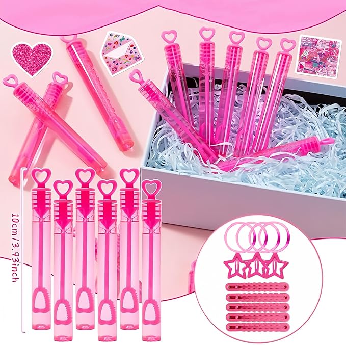 152pcs Pink Party Favors for People, Birthday Party Favors Kit Keychain Bracelet Bubble Stickers Straws Heart Sunglasses Little Skirt Hot Pink Princess Birthday Party Supplies