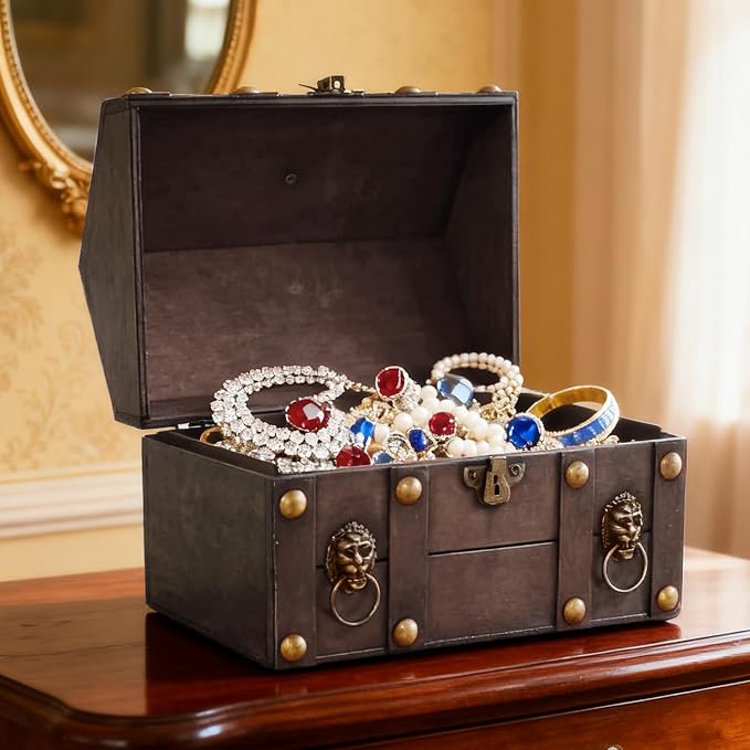 Large Vintage Wooden Treasure Chest Antique Box with Metal Lock | Wood Jewelry Box Storage Decorative Boxes Handmade Rectangle Organizer for Women Ring Necklace Earring Coins Collectibles