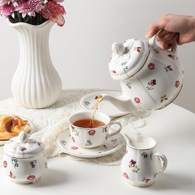 Sweejar 23 Pcs Floral Tea Sets with Metal Holder, Relief Gold Rim Porcelain Tea Sets for Adults, Cup and Saucer Set for 6, with Teapot, Sugar Bowl, Milk Jug, Spoons (Garden)