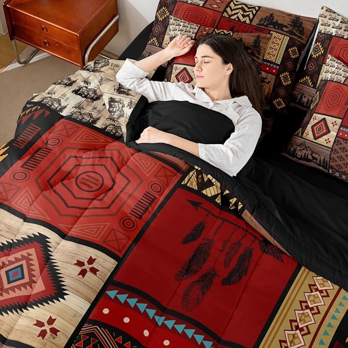 Feelyou Rustic Cabin Bear Comforter Set with Sheets 7 Piece King Size Farmhouse Hunting Deer Bed in a Bag Kids Boys Girls Retro Bohemian Bedding Set Buffalo Plaid Bedroom Decor Soft Microfiber