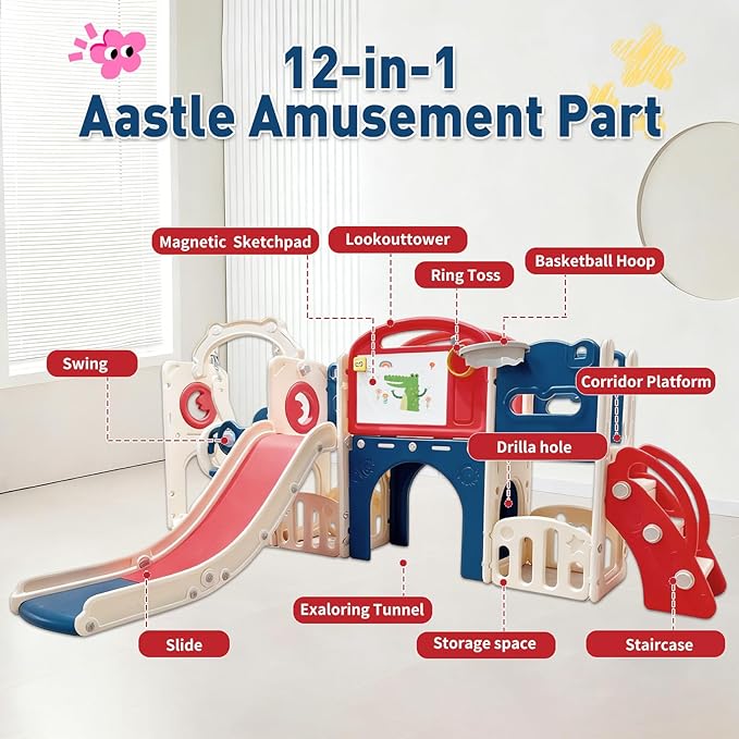 12 in 1 Toddler Outdoor Playset Toys with Swing Toddlers Indoor Playground for 1-3 Years Durable Ecofriendly Swing and Kids Slide Set Climber Tunnel Crawl Toys for Backyards
