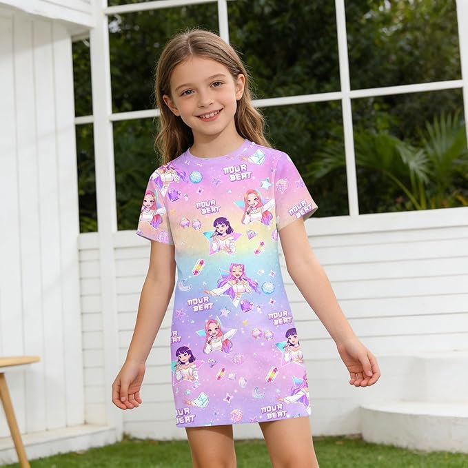 Girl's Anime K-POP Graphic Long Dress T-Shirt - Casual Loose Fit Short Sleeve Top