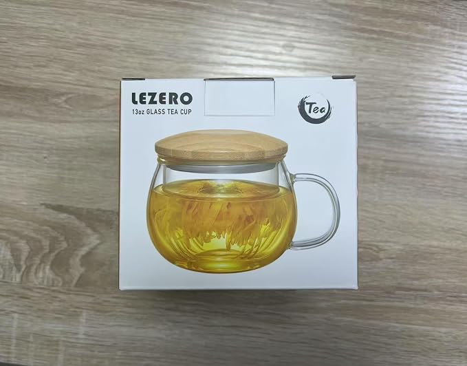 Lezero 13oz Tea Mug with Infuser and Lid Kit, Glass Teacup with Filter for Steeping Blooming & Loose Leaf Tea, Heat Resistance, Lead-free, Microwave & Dishwasher Safe, Gifts Box Include