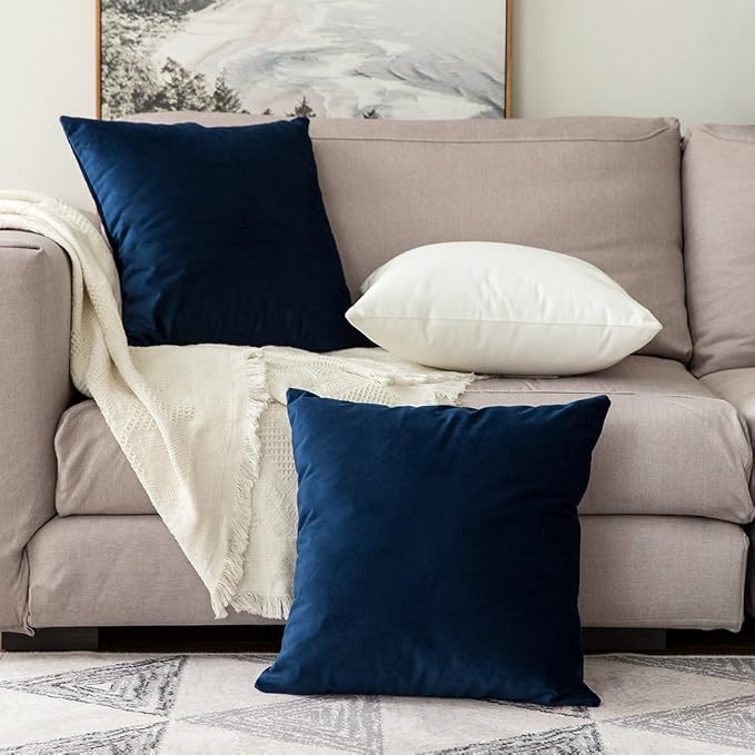 MIULEE Velvet Throw Pillow Covers 18x18 Inch Pack of 2 Dark Blue | Soft Solid Decorative Pillow Covers, Modern Luxury Home Decor, for Couch Chair Sofa Bedroom Livingroom