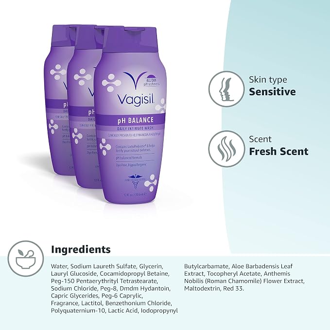 Vagisil Feminine Wash for Intimate Area Hygiene, pH Balance, Gynecologist Tested, Hypoallergenic, 12 oz, (Pack of 12)