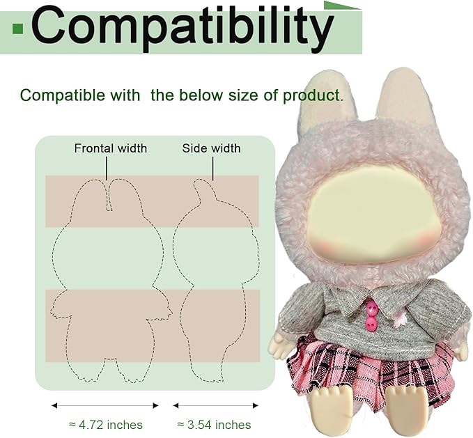 Japanese School Uniform for labubu Dolls, Gray Shirt with Plaid Skirt Outfit for labubu, Cute Anime Style Dress Compatible with popmart toys