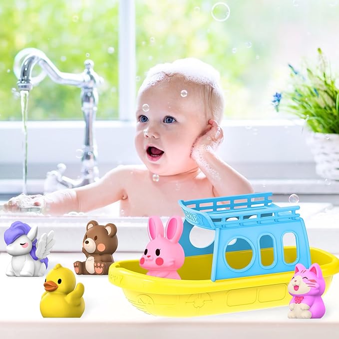 Oriate Bath Boat Toys, Finger Puppets for Kids, 5 PCS Rubber Duck Finger Puppets and 1 Boat, Sensory Learning Toy Set in The Bathtub, Pool, Beach