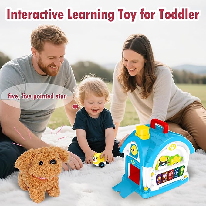 Interactive Toys for 1 2 3 Year Old Boy Gifts, Baby Musical Toy House with Stuffed Puppy, Car, Learning Educational Toy for Toddler 1-3, Christmas Birthday Gifts for 1 Year Old Boy (Blue)