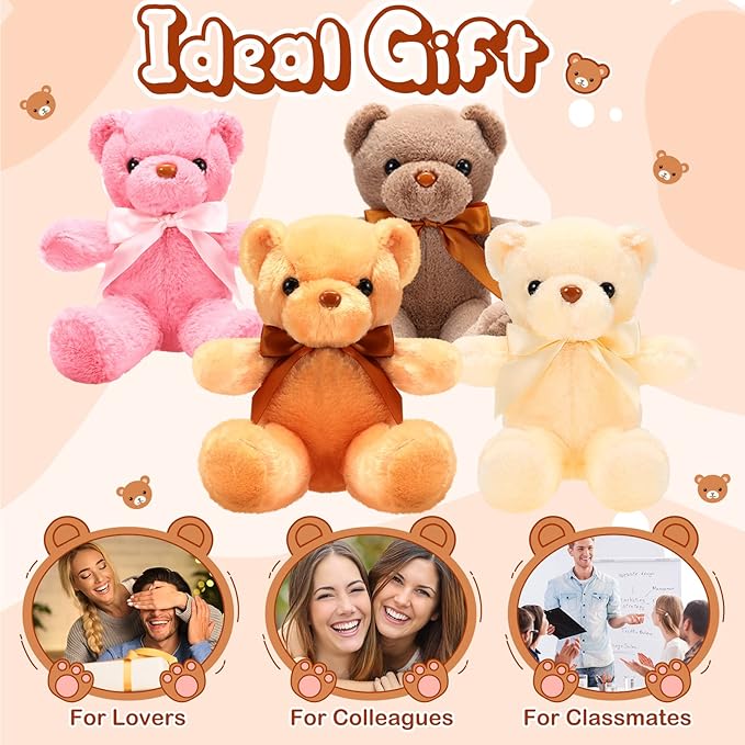 Aoriher 6 Pcs Bear Stuffed Animal Bulk Baby Shower Bear Plush Toys Soft Cute Sleeping and Playing Decorations for Kids Back to School Gift Baby Shower Birthday Party Favor(Beige, Brown, Pink)