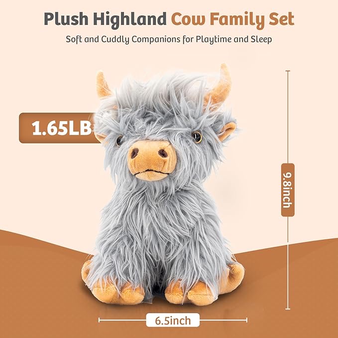 MARYSUN Highland Cow Stuffed Animal Toy, Gray Microwavable Highland Cow Gift for Girls and Kids