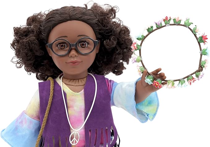 Playtime by Eimmie 18 Inch Doll Clothes and Accessories - Retro Flower Outfit with Tie-Dye Shirt, Fringe Vest, Jeans, Sandals & Flower Crowns - Fits American, Generation & Similar 18” Dolls for Girls