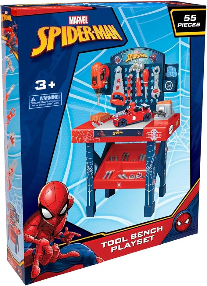 World Tech Toys Marvel Spider-Man Bench Set – Spiderman Tool Bench Playset with Take Apart Car - Official Marvel Licensed Product (55 Pieces)