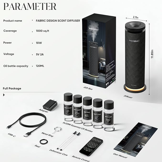 Waterless Scent Diffuser Starter Kit with 5 Oils, Luxury Hotel Style Cold Air Diffuser Oil Machine for Home, 1000 Sq Ft Coverage, Quiet Nebulizing Aromatherapy with Remote, Tower Fabric Design, Black
