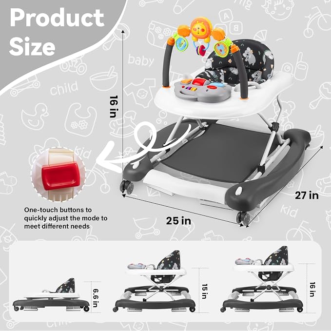 Baby Walker, 5 in 1 Baby Walkers for Boys Girls 6-12 Months, Foldable Walkers for Babies with Bouncer & Feeding Tray, Music, Adjustable Heights, Activity Walker for Infant