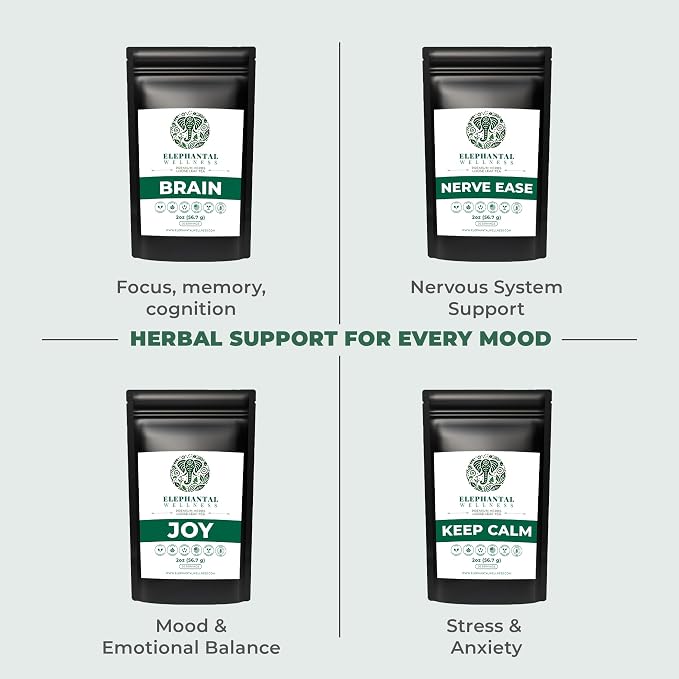 Elephantal Wellness Premium Brain Herbal Tea | Botanical Blend with Ginkgo, Bacopa, Ashwagandha & Gotu Kola | Handmade, Caffeine-Free, Non-GMO Loose Leaf Herbal Tea, 4oz Loose Leaf, 40 Servings