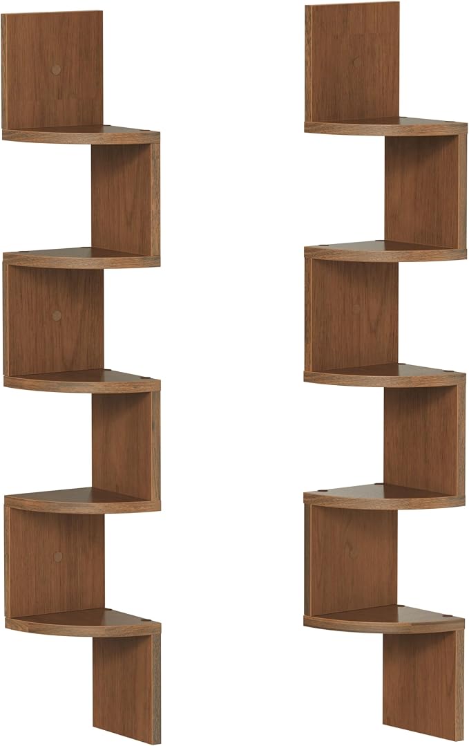 HOOBRO Corner Shelf Wall-Mounted, Set of 2 Floating Corner Shelves for Wall, 5-Tier Corner Bookshelves for Living Room, Bedroom, Bathroom, Home Office, Walnut WL26BJP201