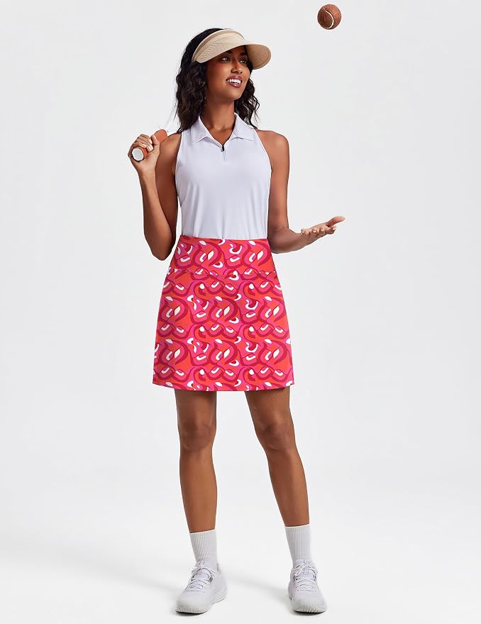 PINSPARK 19" Knee Length Skorts for Woman with Pockets UPF 50+ Golf Skirts | 4 Pockets, Built-in Shorts, High Waisted & Tummy Control, Moisture-wicking for Golf Athletic Tennis Workout Casual