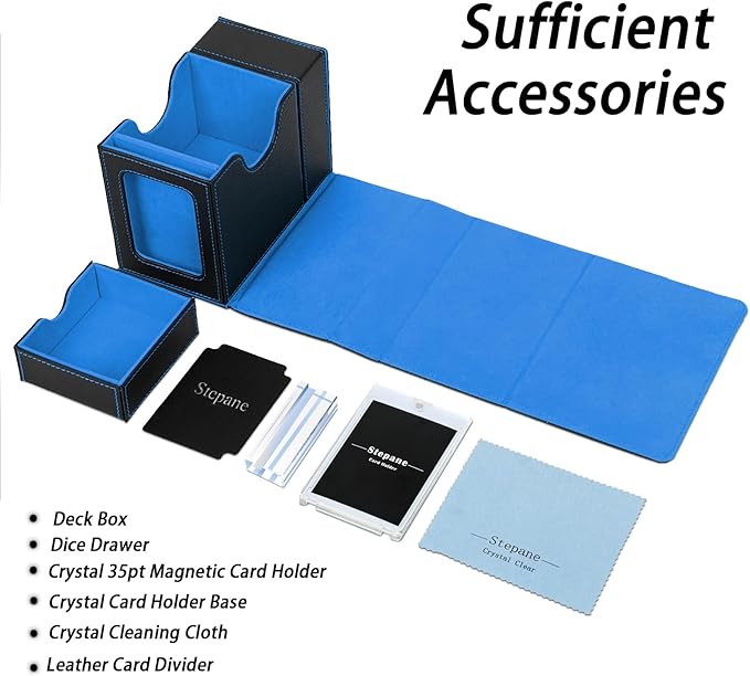 MTG Deck Box for Commander Display with Dice Tower, Fits 100 Double Sleeved Cards for TCG/PTCG, Cards Storage Case with Dice Tray and 35PT Magnetic Card Holder (Black/Blue)