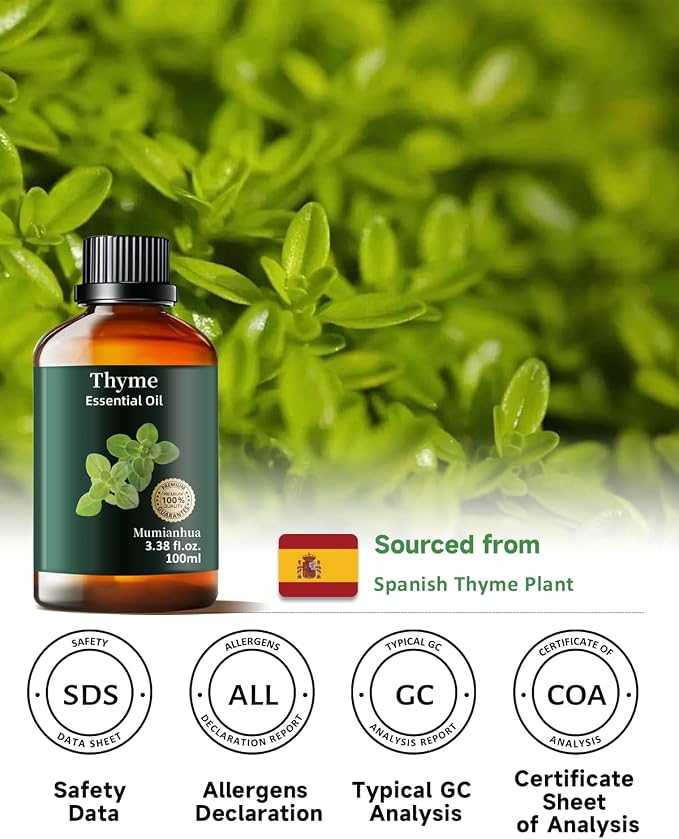 Thyme Essential Oil, Herbaceous Scent, Outdoor, Diffuser & DIY, 3.38 Fl Oz | Mumianhua Thyme Oil, Steam-Distilled. Warm, Herbal Aroma. For Outdoor Spray, Skin & Scalp Care, Home Freshening & DIY