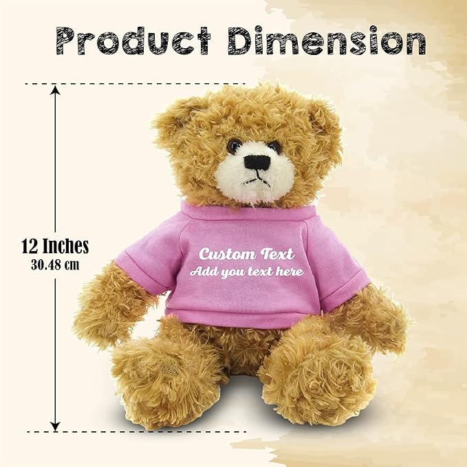 Customized Beige Brandon Bear - 12 inch Personalized Stuffed Bear Plush Toy - Perfect Custom Shirt Bear Gift for Graduation Valentines Graduation Easter Holidays (Pink Shirt)