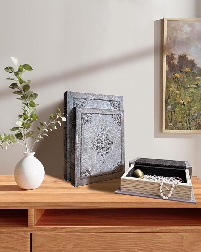 Wooden Book Box Set of 3 with Magnetic Closure and Grey Vintage Leather Cover, Non-Woven Fabric Interior, Decorative Secret Storage for Bookshelves and Home Office
