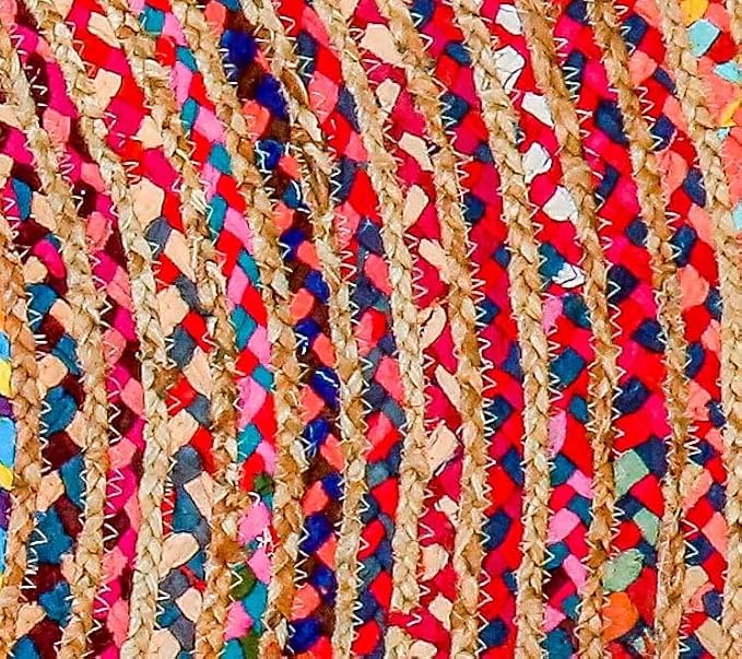 Hausattire Bohemian Braided Rug 3' Round - Multi Color, Small Farmhouse Jute Cotton Area Rag Rugs for Kids Bedroom, Playroom | Colorful Circle Hand Woven Cute Accent Mat