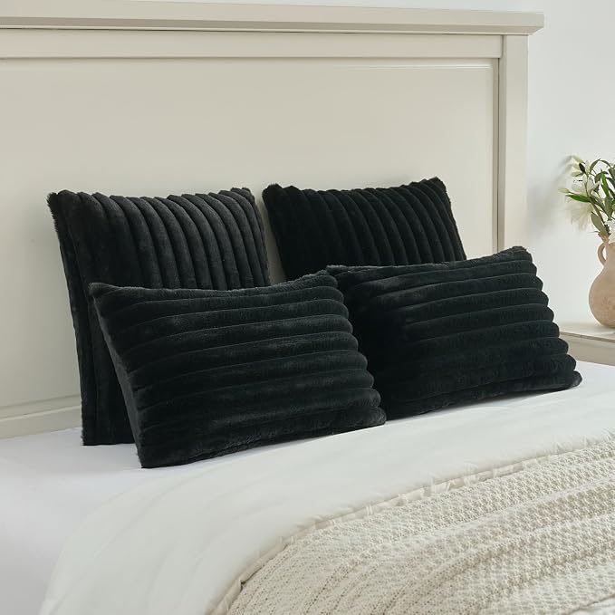FUTEI Pack of 2 Faux Fur Throw Pillow Covers 26x26 Inch, Black | Fluffy Faux Rabbit Fur Front/Premium Velvet Back,Hidden Zipper,Machine Washable,Non-Shedding,Colorfast,Insert Not Included.