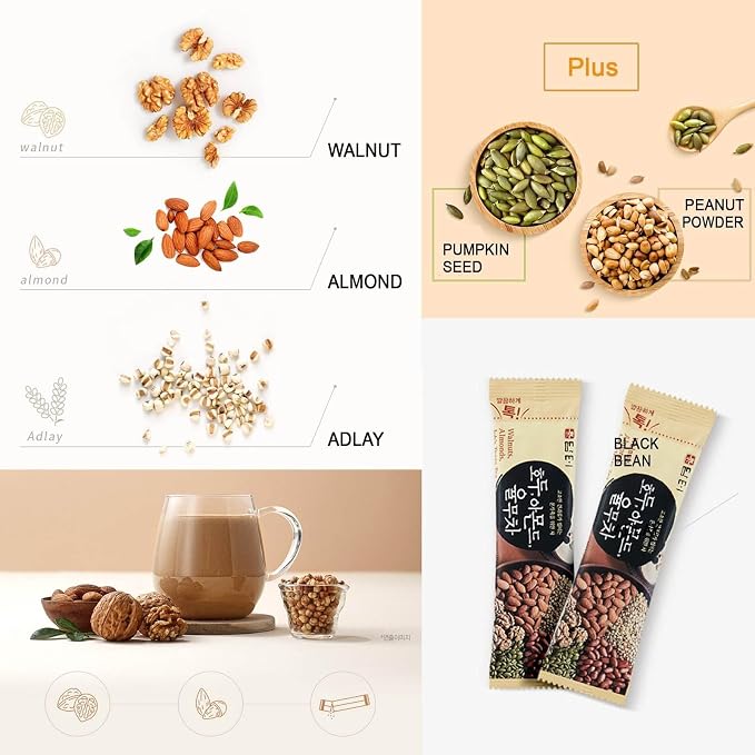 Damtuh Korean Grain Drink Mix Bundle – 15-Grain Misugaru Powder + Walnut Almond Adlay Tea (Job’s Tears/Yulmu) Powder, Latte-Style Drink, Caffeine-Free 18g x 50 / 20g x 40 Stick Packs