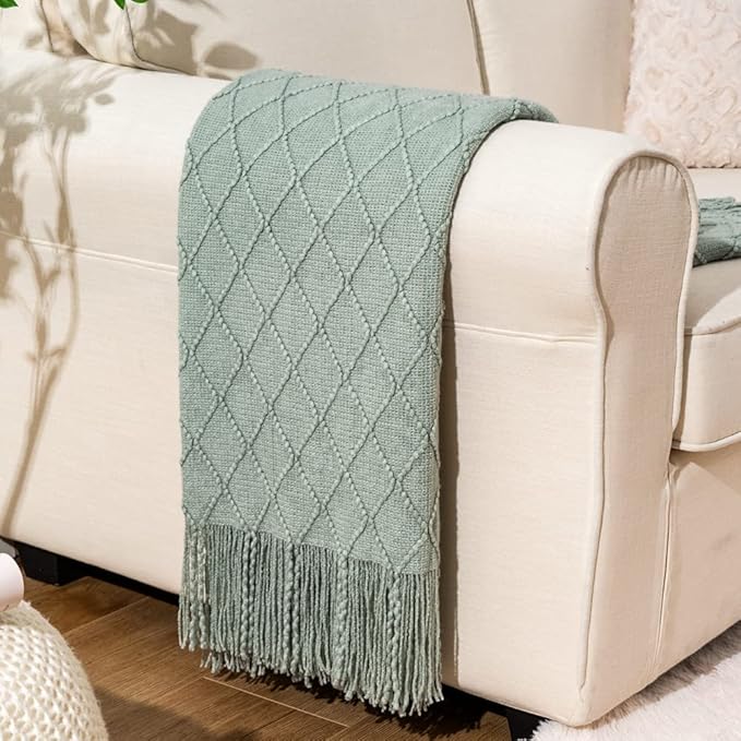 BATTILO HOME Sage Green Throw Blanket for Couch, Boho Bed Throws for Home Decor, Light Blue Throw Blanket for Sofa Living Room, 50"x60"