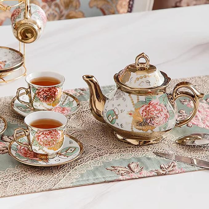 CHANJOON Gold Plated Red Rose Ceramic Tea Set, Vintage Tea Sets with Teapot, Beautiful Tea Set Coffee Serving 6 People (Golden, large)