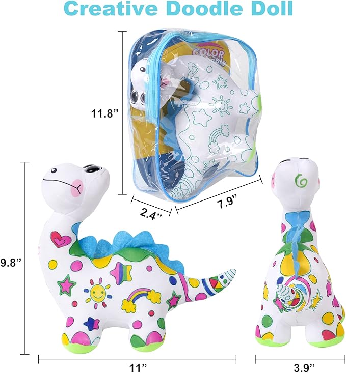 Coloring Plush Toy with 5 Washable Markers for Little Girls Doodle Dolls for Kids Ages 4-6 Birthday (Dinosaur)