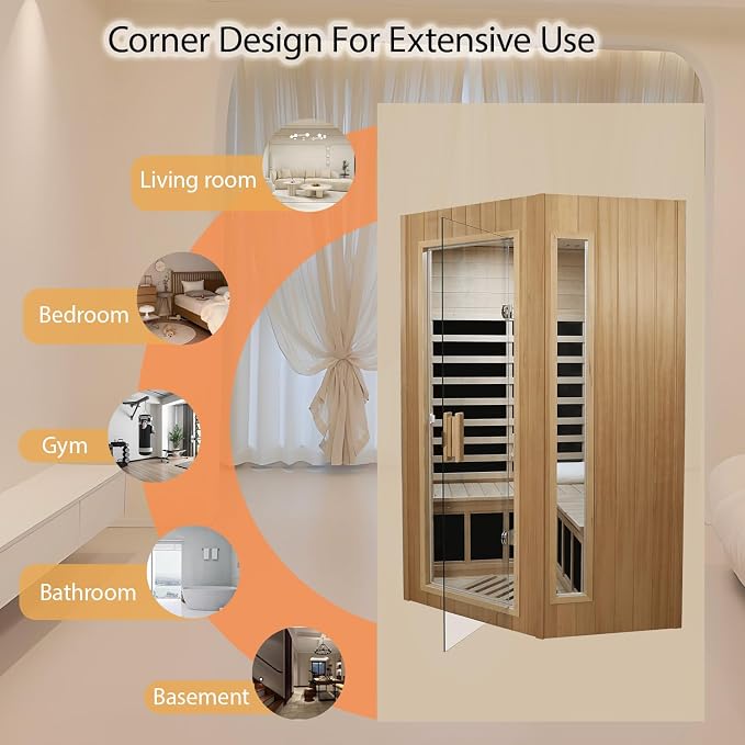 LTCCDSS 2-3 Person Infrared Sauna, Far Infrared Saunas for Home Low EMF Indoor Home Sauna Spa with Tempered Glass Door, Hemlock Wooden Corner Sauna Room,1670W/120V, Bluetooth Speaker, 2 Reading Lamps