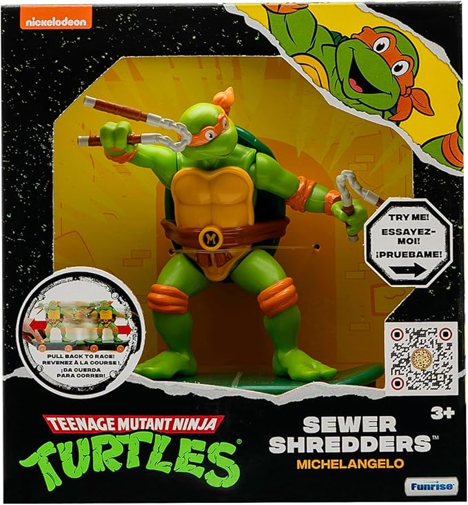Teenage Mutant Ninja Turtles Sewer Shredders Classic Michelangelo – 5” Pull-Back Skate Toy on Wheels with Battle Action – Easter Birthday Gift for Boys Ages 3-8 – Collect All 4