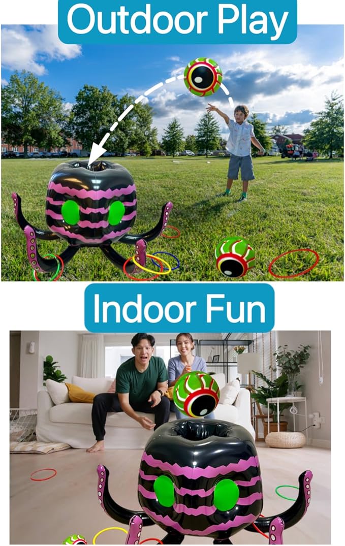 GIFTEXPRESS Halloween Ring Toss Game and Decor 4-in-1 – Trunk of Treat Inflatable Octopus Sea Creature Candy Bowl, Cooler, Basketball Hoop & Pool Toy, Indoor/Outdoor Party Game for Kids & Adults