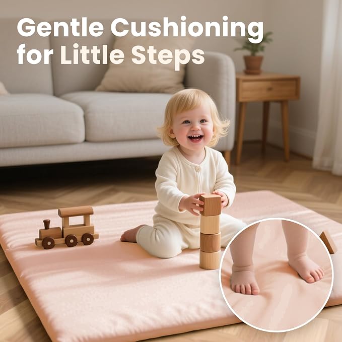 Huloo Sleep Baby Play Mat 47x47 Inches, 1.3" Thick Padded Waterproof Floor Cushion & Playpen Mat with Vegan Leather, Non-Slip & Non-Toxic Nursery Rug for Infants, Toddlers & Kids(Pink)