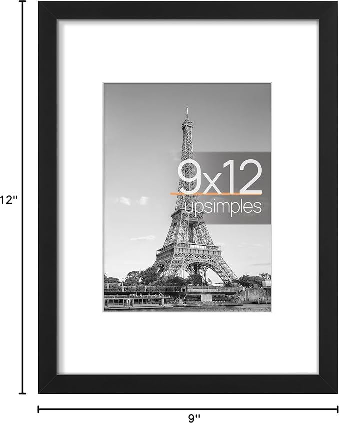 upsimples 9x12 Picture Frame, Display Pictures 6x8 with Mat or 9 x 12 Without, Wall Hanging Photo Frames, Black, 1 Pack