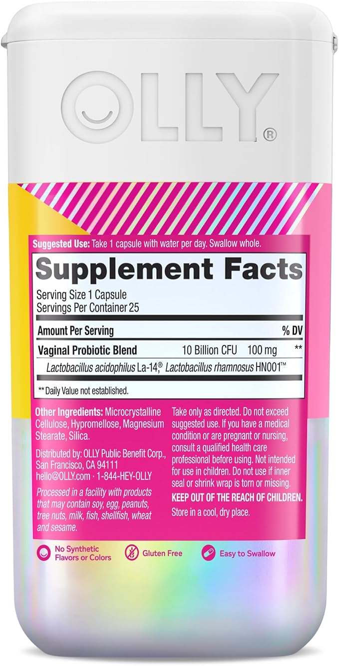 OLLY Happy Hoo-Ha Capsules, Probiotics for Women or People wth Vaginas, Vaginal Health and pH Balance, * 10 Billion CFU, Gluten Free, 25 Count (Pack of 2)