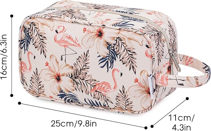 Narwey Travel Toiletry Bag for Women Traveling Dopp Kit Travel Bag for Toiletries Cosmetic Bag Makeup Bag Medicine Bag for Traveling (Beige Flamingo)