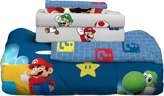 Franco Super Mario Bros. Kids Bedding Super Soft Comforter and Sheet Set with Sham, 7 Piece Queen Size, (Official Licensed Product)