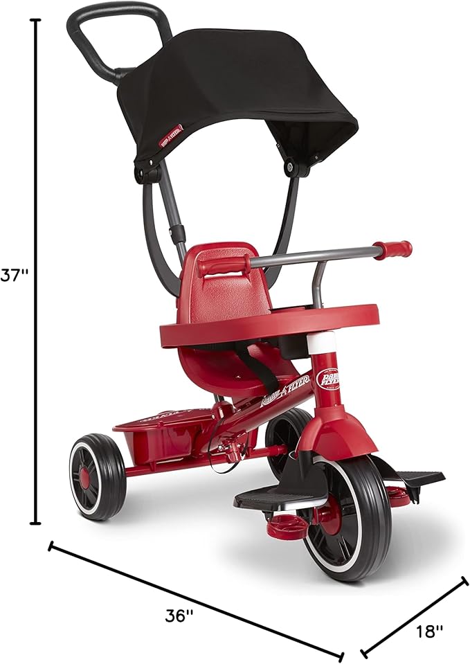 Radio Flyer 4-in-1 Pedal & Push Stroll ’N Trike, Ages 1-5, Toddler Tricycle & Stroller, High-Density Foam Tires, Parent Push Handle, UV Canopy, Removable Tray, Headrest & Seatbelt, Stroller Tricycle