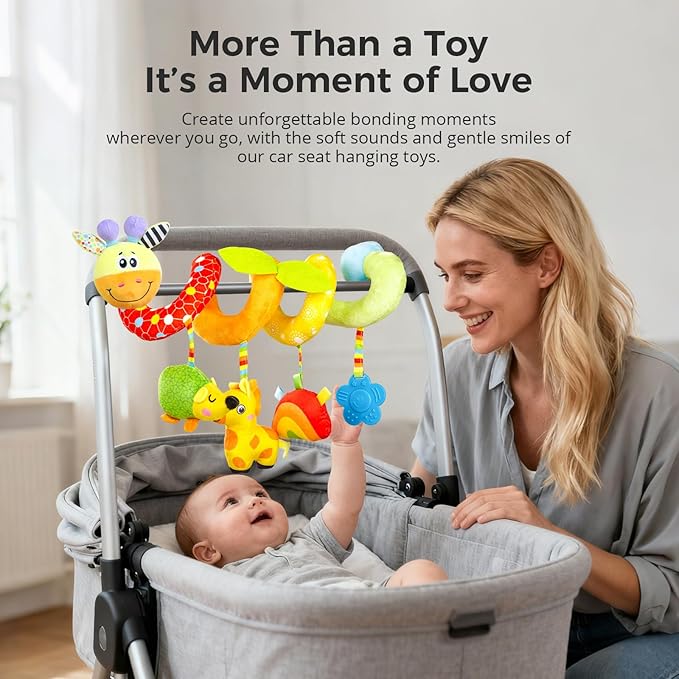 Carseat Toys Hanging for Babies 0-6-12 Months, Crib Toy Hanging Plush Spiral Car Seat Toy, with Rattle, Teether & Mirror, Stroller for Baby Boys & Girls, Infant Car Seat Toys