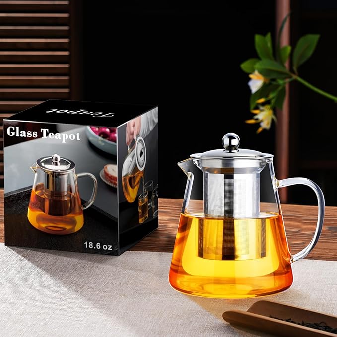 Baalaka Glass Teapot 18.6oz/550ml, Tea Pot with Removable Infusers for Loose Tea, Borosilicate Glass Tea Kettle Tea Maker Stovetop for Camping, Tea Infuser for Loose Leaf Tea Travel