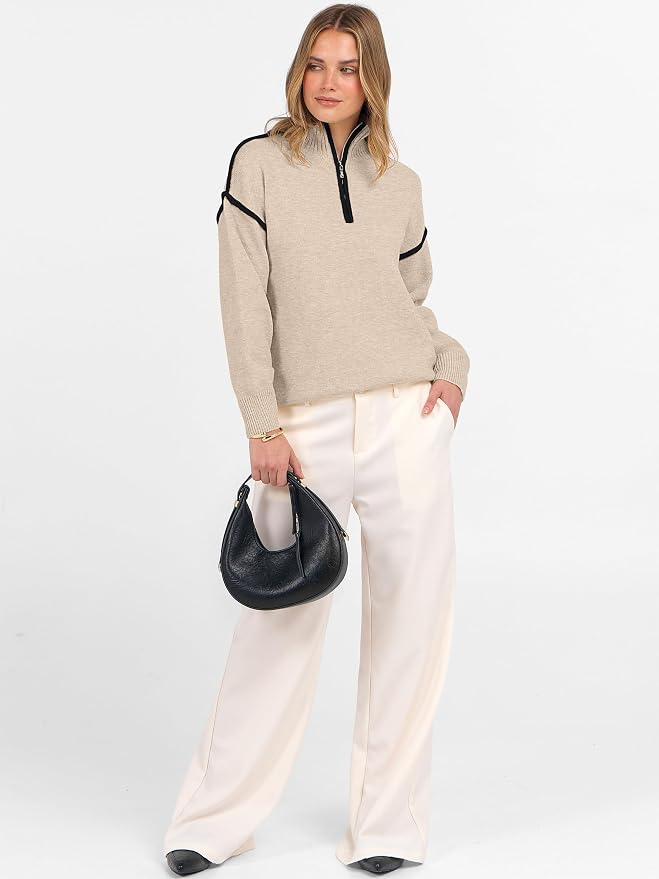 ANRABESS Womens Quarter Zip Sweaters Fall Long Sleeve V Neck Shirts Collared Business Casual Tops Knit Pullover Sweatshirts